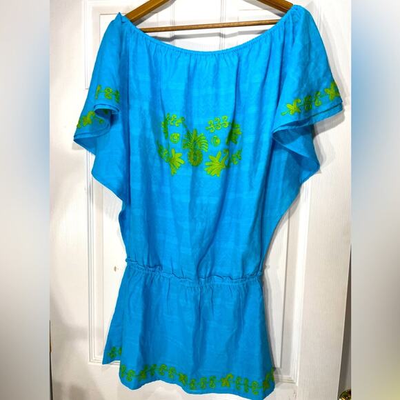 Debbie Katz South Beach Embroidered Turquoise Tunic with Fluted Sleeves Sz Large - Picture 6 of 10